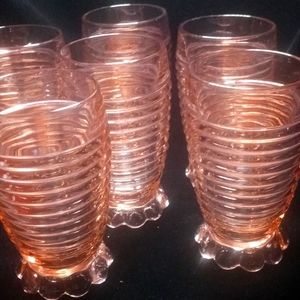 vintage 1938-43 Anchor&Hocking Manhattan pink glass 6 footed tumblers 5.5" tall